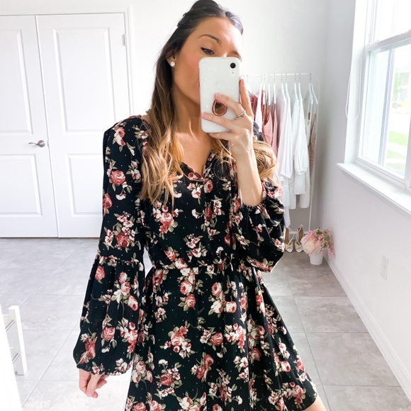 Black Floral Print Long Sleeve Fit & Flare Dress - Picture 10 of 14
